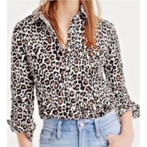 J CREW WOMEN'S SLIM PERFECT SHIRT IN LEOPARD PRINT - LINEN BLEND SIZE Small NWT